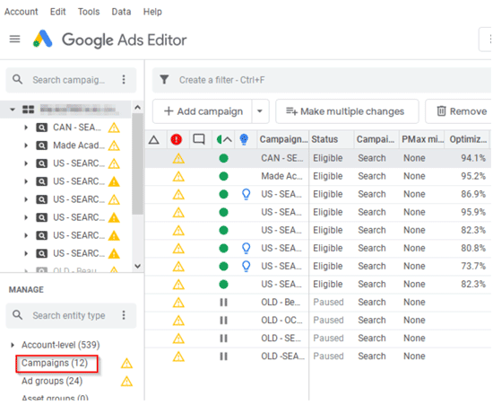 google ads editor campaign view