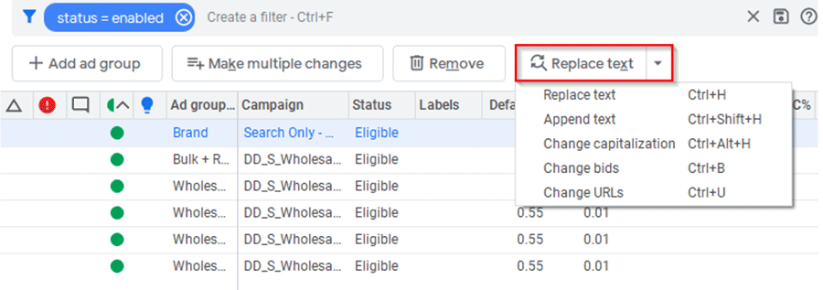 google ads editor replace text