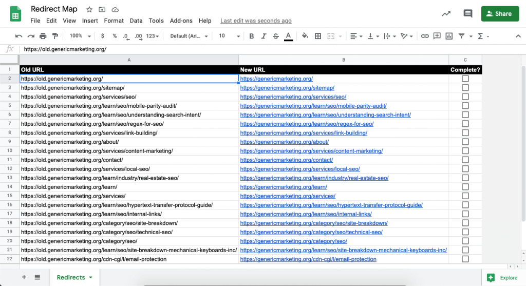 redirect map template in Google sheets