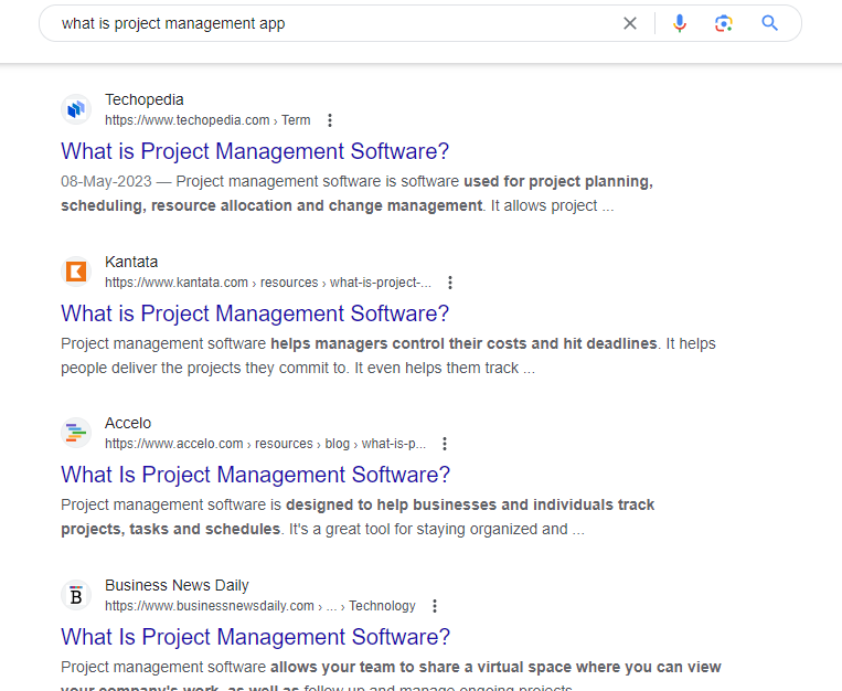 Screenshot of a Google search for the keyword "what is a project management app"