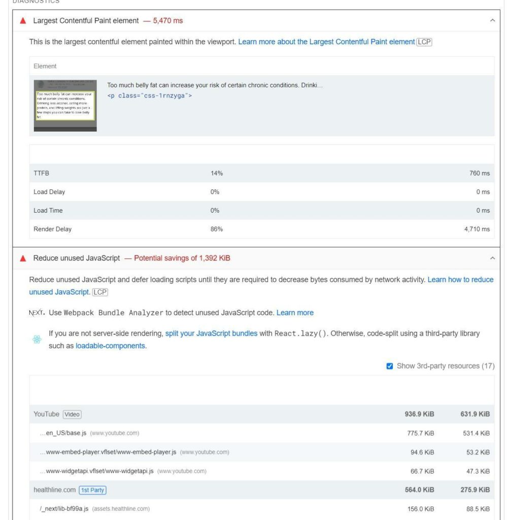 LCP diagnostic from pagespeed insights tool