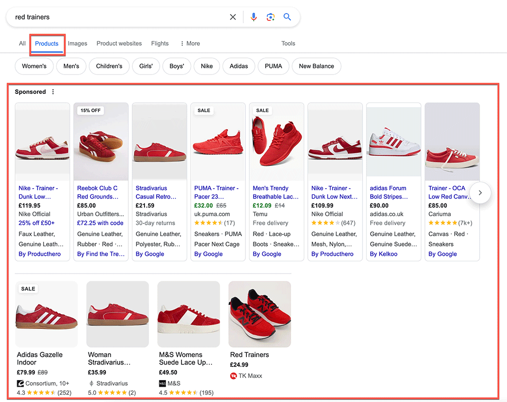 google shopping example - shopping product tab