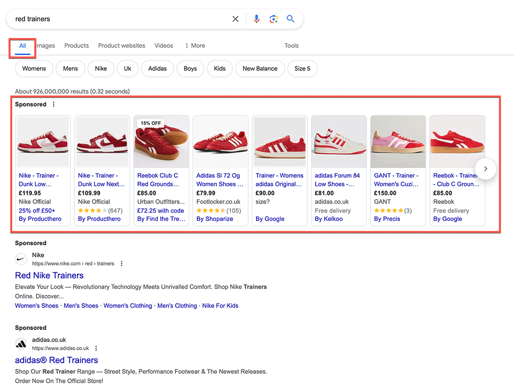 google shopping serp example