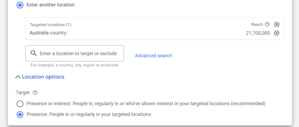 Google Ads location settings