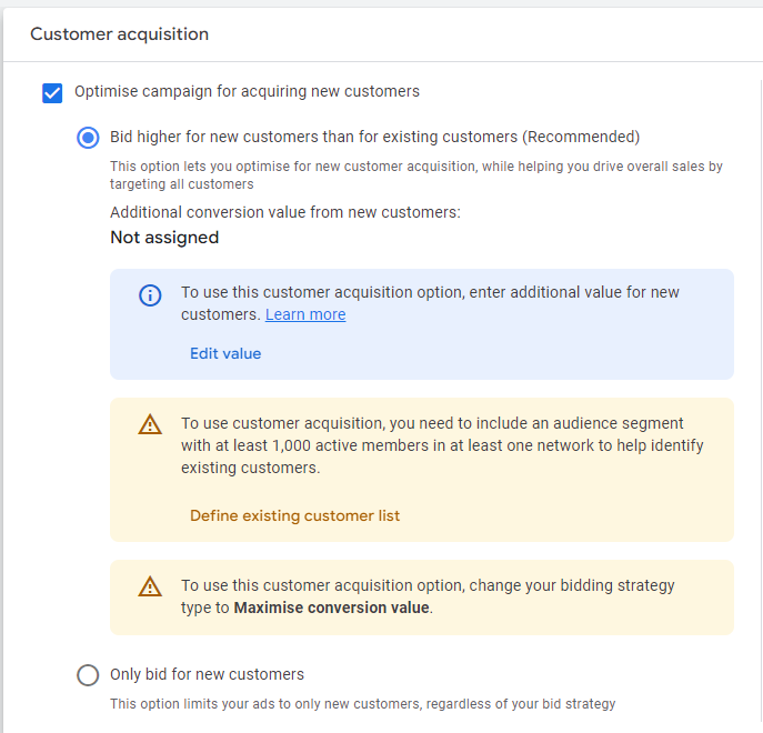 Google Ads customer acquisition settings for ecommerce